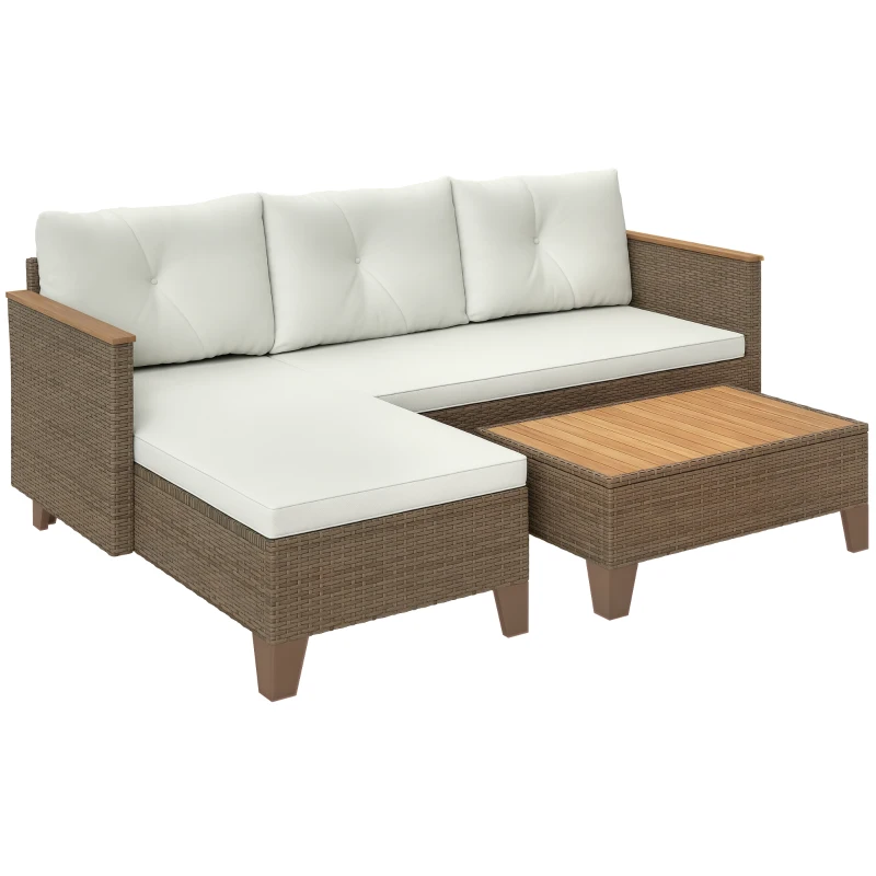 Outsunny 3 Piece Patio Furniture Set, L-Shaped Outdoor Furniture Conversation Set with Wood Top Coffee Table, Cream