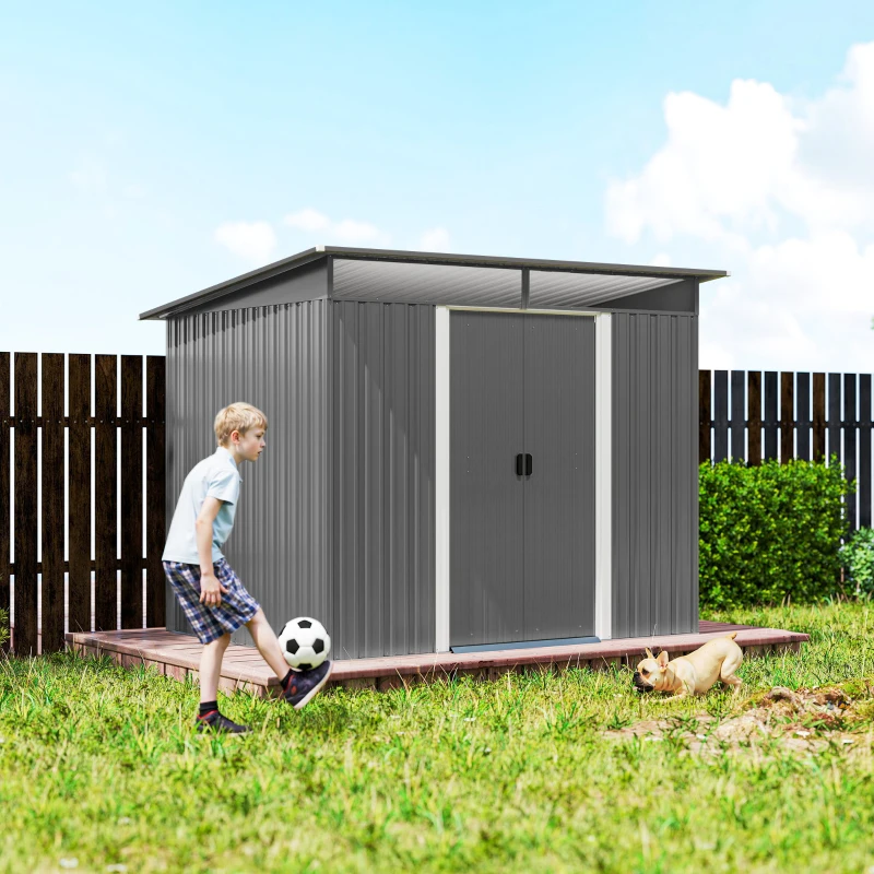 Outsunny 9' x 6.5' Outdoor Metal Garden Shed Utility Tool Storage Steel Backyard Storage House, Light Grey