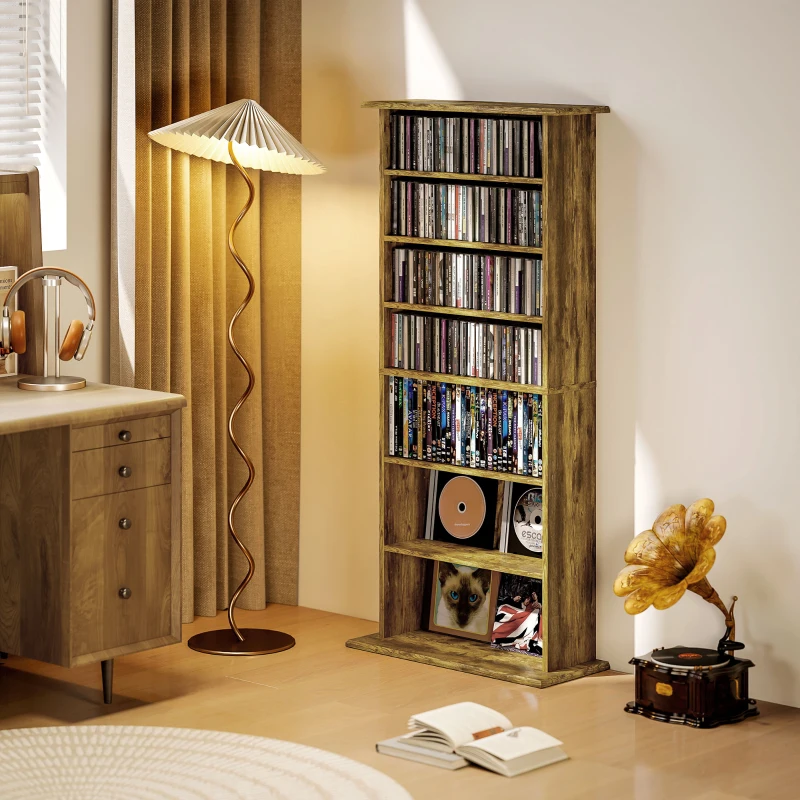 HOMCOM 8-Tier DVD Shelf with 6 Adjustable Shelves, Slim CD Shelf, Holds 360 CDs, 185 DVDs or 185 Blu-rays, Rustic Brown