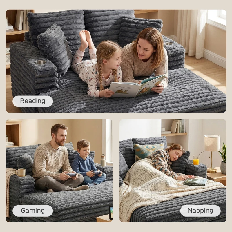 HOMCOM 60" Chaise Lounge Chair, Oversized Upholstered Sofa Bed with Cup Holders & Pillows, Sleeper Couch for Living Room, Grey