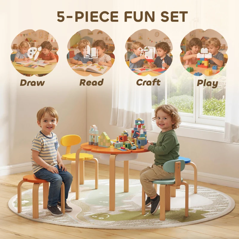 Qaba 5 Piece Kids Table and Chairs Set, Toddler Table and Chair Set with Built-in Storage, for Nursery, Living Room, Playroom