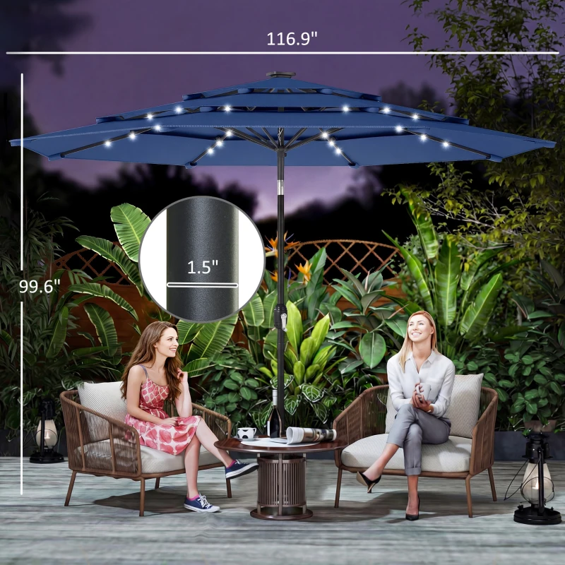 Outsunny 9.7 ft Outdoor Patio Umbrella with Solar LED Lights, 3 Tier Outdoor Table Umbrella with Tilt, Crank, Navy Blue