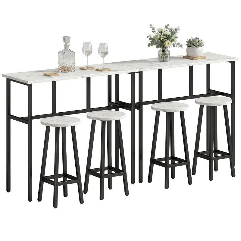 HOMCOM Bar Table Set of 6, Bar Table and Stools for 4, 2 Breakfast Tables and 4 Stools for Living Room, White Marble