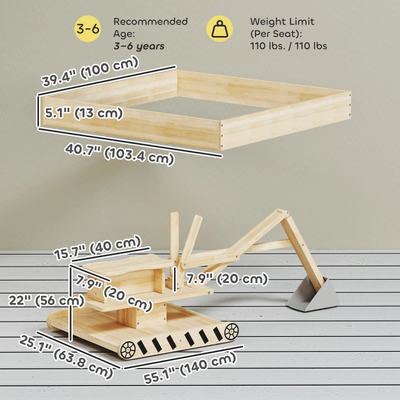 Qaba Wooden Sandbox with Digger, Kids Sandbox with 360° Rotating Seat & Bottom Liner, 72" x 35" x 22"