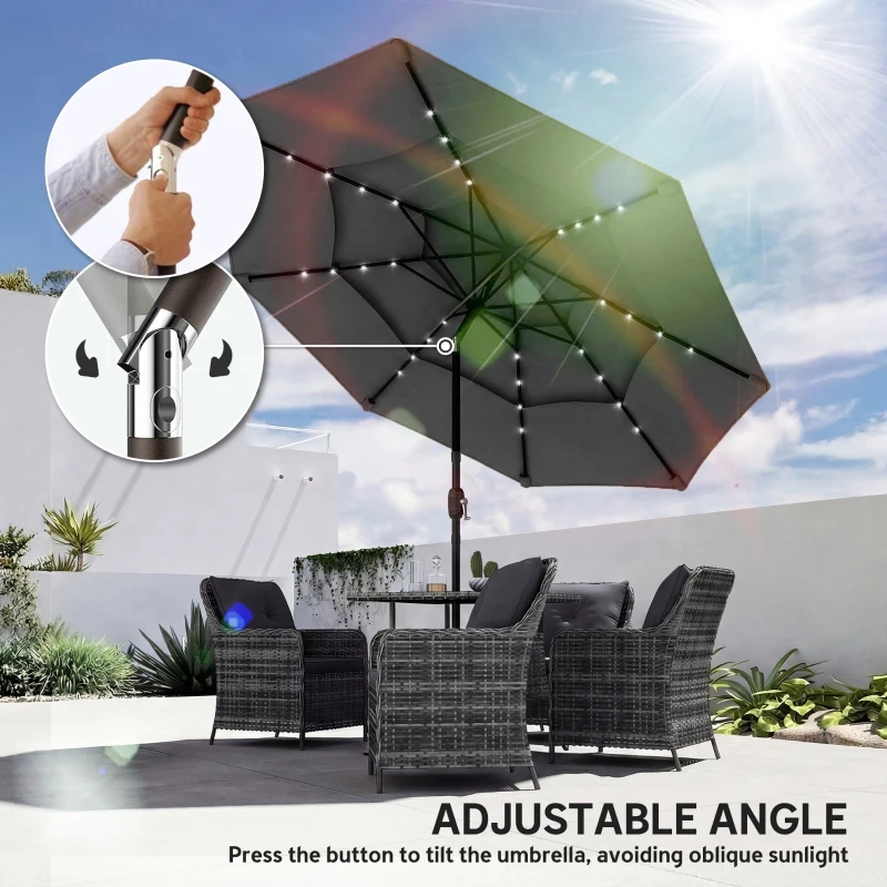 Outsunny 9.7 ft Outdoor Patio Umbrella with Solar LED Lights, 3 Tier Outdoor Table Umbrella with Tilt, Crank, Black