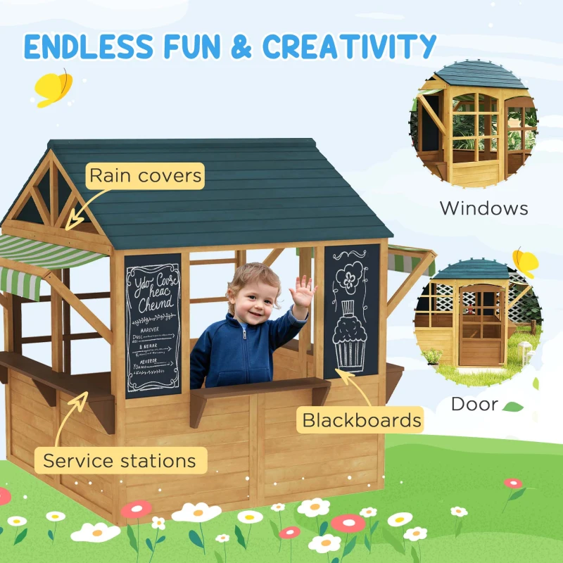 Qaba Wooden Foldable Outdoor Playhouse for Kids Ages 3-8, Snack Bars, Working Door, Rain Covers, Blackboards, Brown