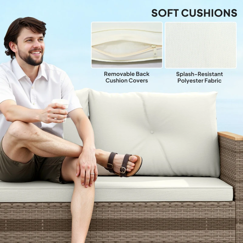 Outsunny 3 Piece Patio Furniture Set, L-Shaped Outdoor Furniture Conversation Set with Wood Top Coffee Table, Cream