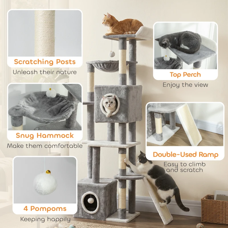PawHut 65 Inch Cat Tree with 2 Doors Condos, Plush Top Perch, Hammock, Sisal Scratching Posts, 4 Pompoms, Ramp, Grey