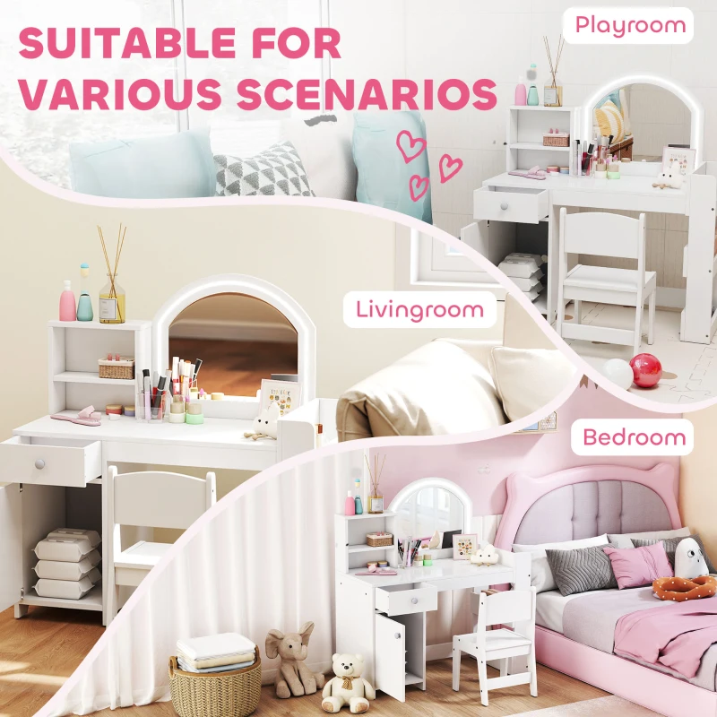 Qaba Kids Vanity Set, Toddler Dressing Table and Chair Set  with Lighted Mirror, Cabinet, Drawer and Shelves, White