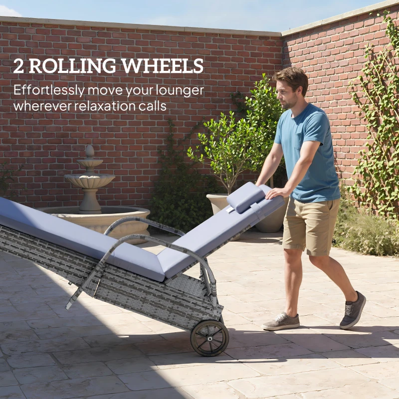 Outsunny 3 Pieces Wicker Patio Lounger Set with Table, PE Rattan Outdoor Lounge Chair Set with Cushions, Wheels, 5-Level Reclining Backrest, Headrest, Grey