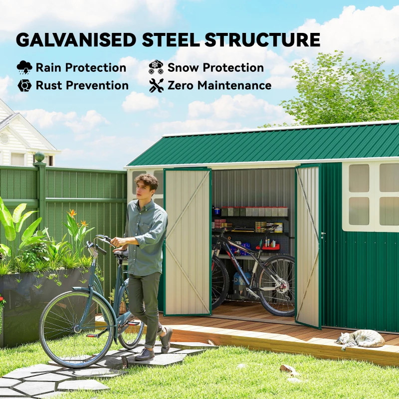 Outsunny 12' x 5.5' Metal Garden Storage Shed, Outdoor Tool Storage House with Lockable Door, Vents, Sloped Roof, Green