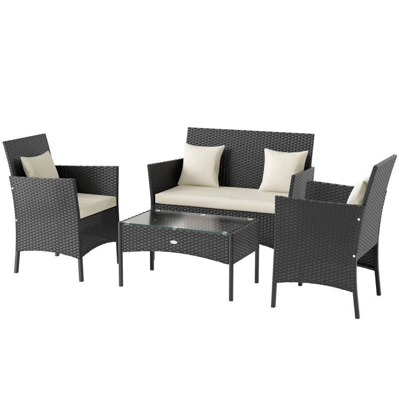 Outsunny 4-Piece Rattan Outdoor Furniture Set Patio Furniture Set with Coffee Table 22.8" W x 21.7" D x 33.5" H Black & Cream