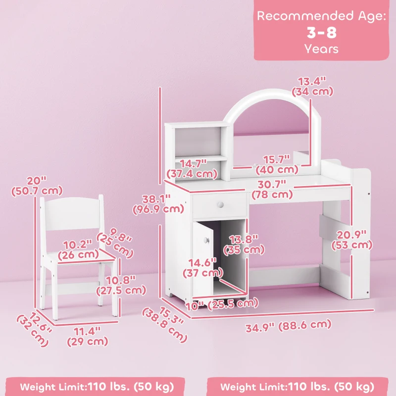 Qaba Kids Vanity Set, Toddler Dressing Table and Chair Set  with Lighted Mirror, Cabinet, Drawer and Shelves, White