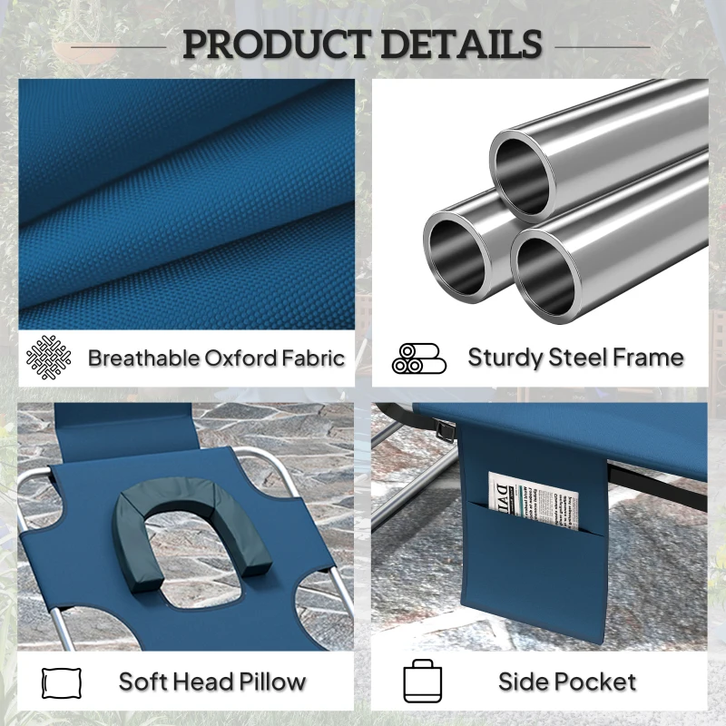 Outsunny 2 Tanning Chairs with Face Hole, 5-Level Adjustable Outdoor Chaise Lounge Chair with Pillow for Beach, Pool, Dark Blue