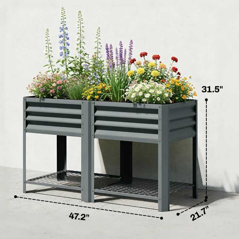 Outsunny Raised Garden Bed Galvanized Steel, Elevated Planter Box with Storage Shelf, Bed Liner, 31.5" High, Dark Gray