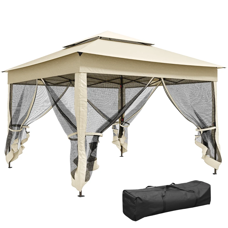 Outsunny Outdoor Patio Pop Up Canopy Gazebo Shelter with Zipper Netting, Carry Bag, 11' x 11', Beige