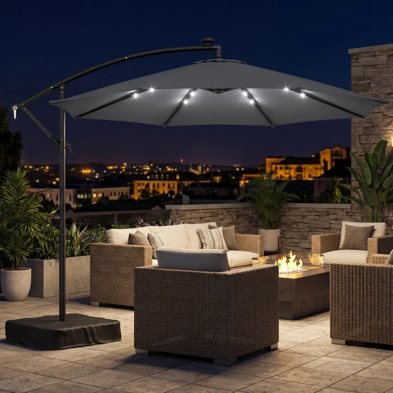 Outsunny 10 ft Cantilever Patio Umbrella with Light, Weight, Offset Hanging Outdoor Umbrella with Protective Cover, Dark Gray