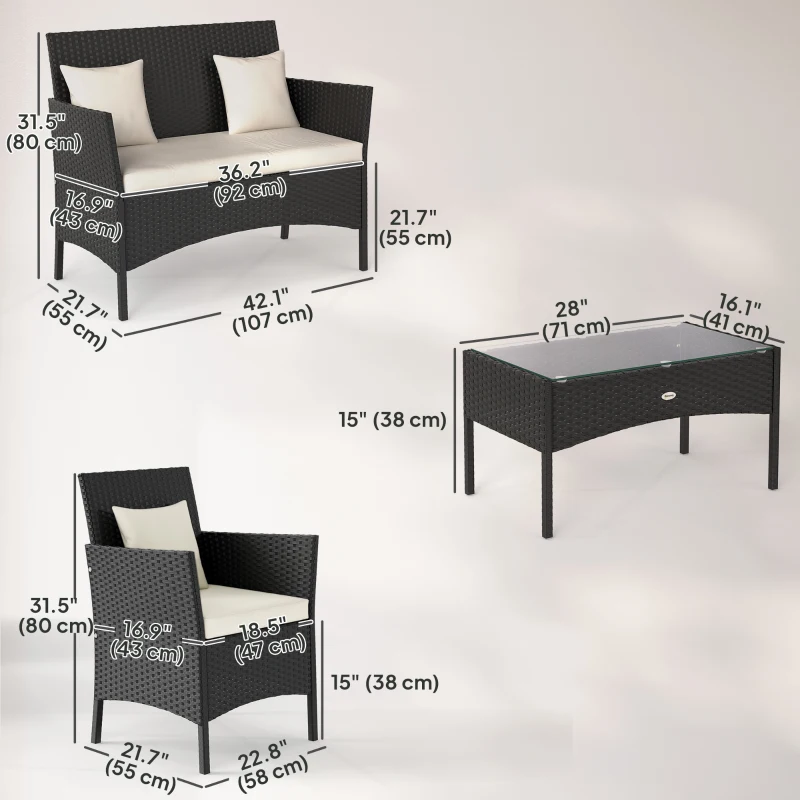 Outsunny 4-Piece Rattan Outdoor Furniture Set Patio Furniture Set with Coffee Table 22.8" W x 21.7" D x 33.5" H Black & Cream