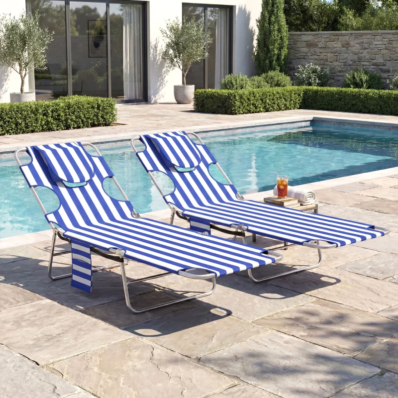 Outsunny 2 Tanning Chairs with Face Hole, 5-Level Adjustable Outdoor Chaise Lounge Chair with Pillow for Beach, Pool, Blue Stripe