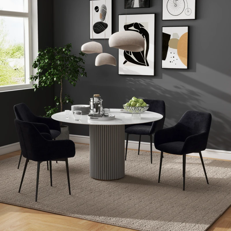 HOMCOM Dining Chairs Set of 2, Velvet-look Fabric Upholstered Kitchen Chairs with Backrest, Armrests and Steel Legs, Black