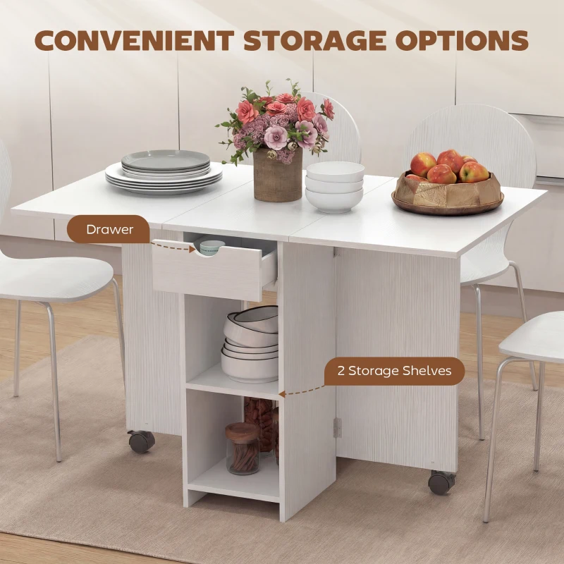 HOMCOM Folding Dining Table with Storage, Drop Leaf Kitchen Table with Drawer and Shelves for Small Spaces, White