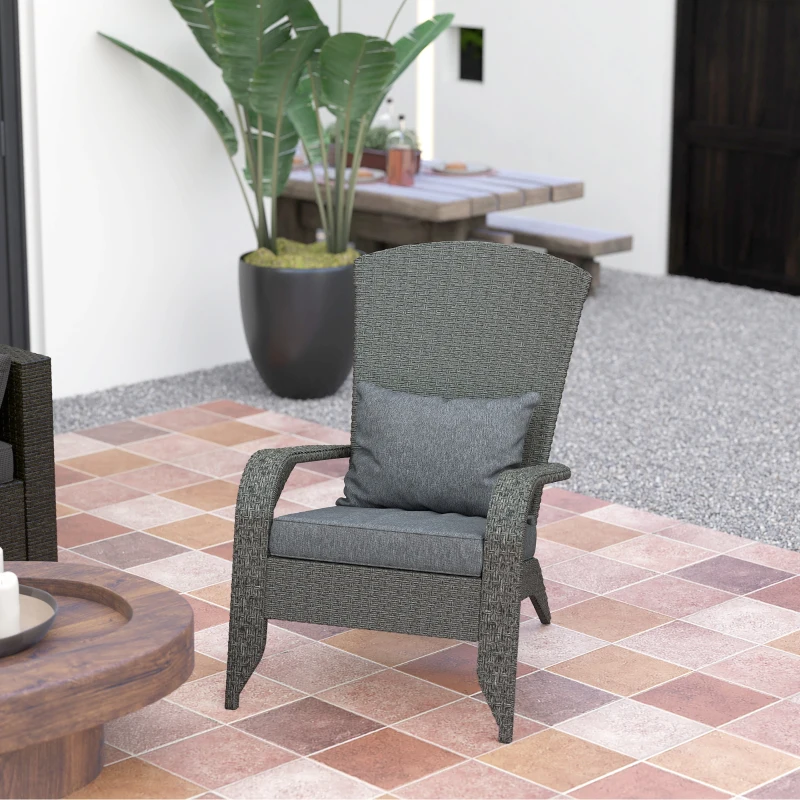 Outsunny Wicker Adirondack Chair, PE Rattan Outdoor Fire Pit Chair Muskoka Chair with Cushions, Heather Grey