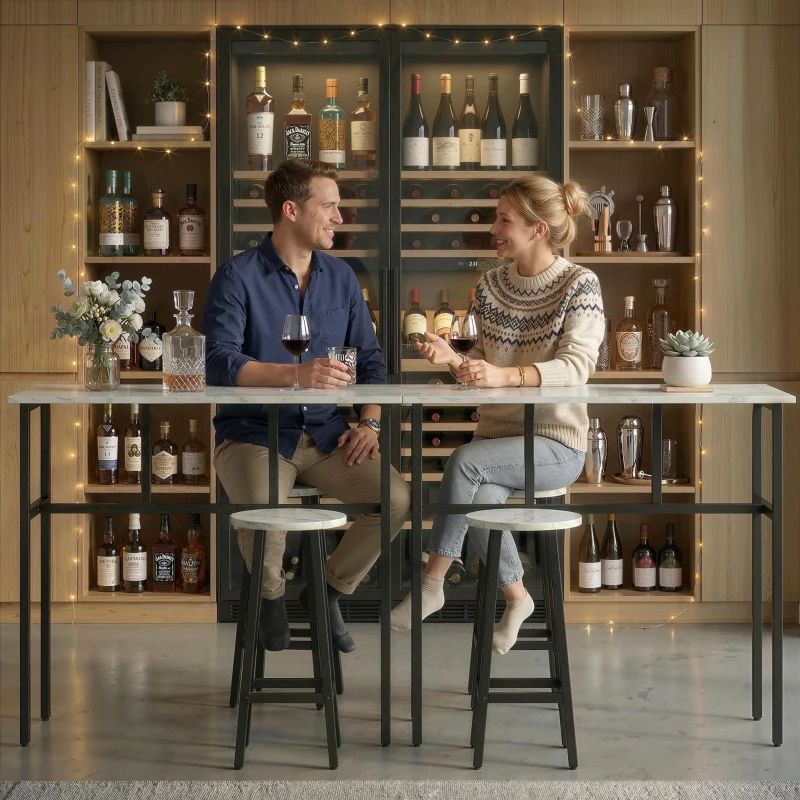 HOMCOM Bar Table Set of 6, Bar Table and Stools for 4, 2 Breakfast Tables and 4 Stools for Living Room, White Marble