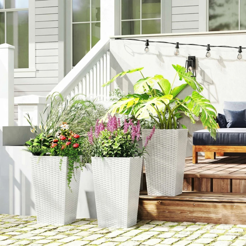 Outsunny Tall Planters for Outdoor Plants Set of 3, 24 In Taper Planters with Drainage Holes, Rattan Decor Plant Pots, White