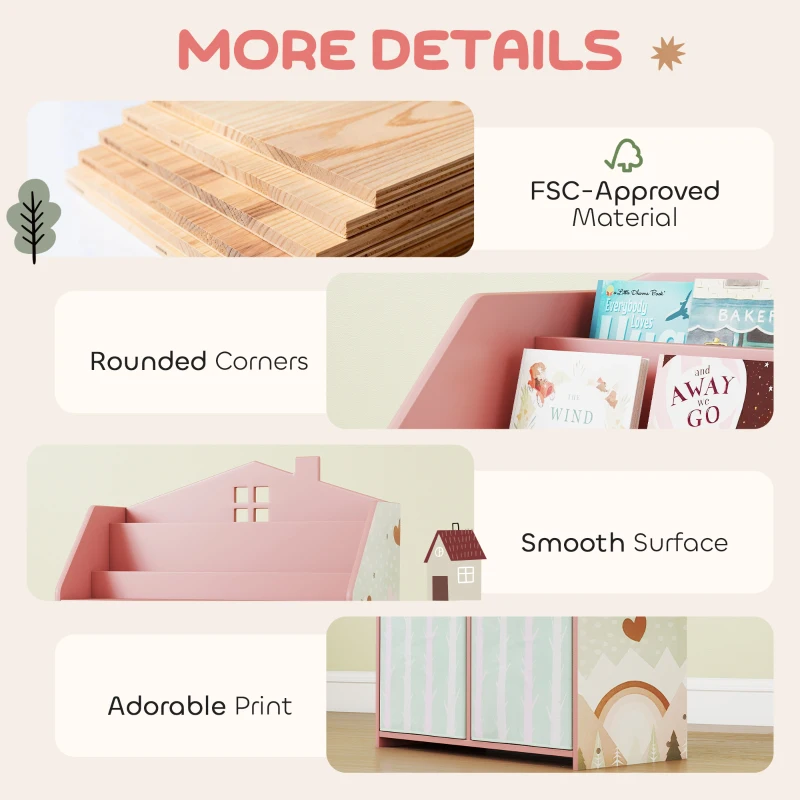 Qaba Kids Bookshelf with Storage, Toy Storage Unit with Book Display, Shelves and Fabric Drawers for Playroom Nursery, Pink