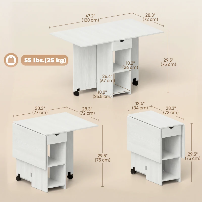 HOMCOM Folding Dining Table with Storage, Drop Leaf Kitchen Table with Drawer and Shelves for Small Spaces, White