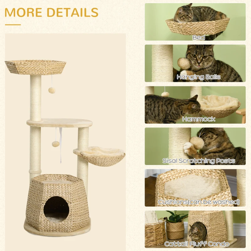 PawHut Cat Tree, 47" Cat Tower for Indoor Cats with Cattail Fluff Cat Condo, Cat Beds, Jumping Platform, Scratching Posts, Hanging Toy Ball, Natural