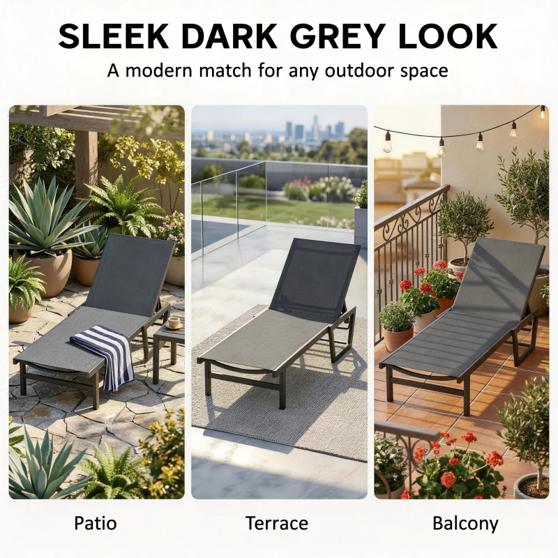 Outsunny Lounge Chair Outdoor, 63 cm Wide Chaise Lounge Tanning Chair, 4-Position Outdoor Tanning Lounger, Dark Grey