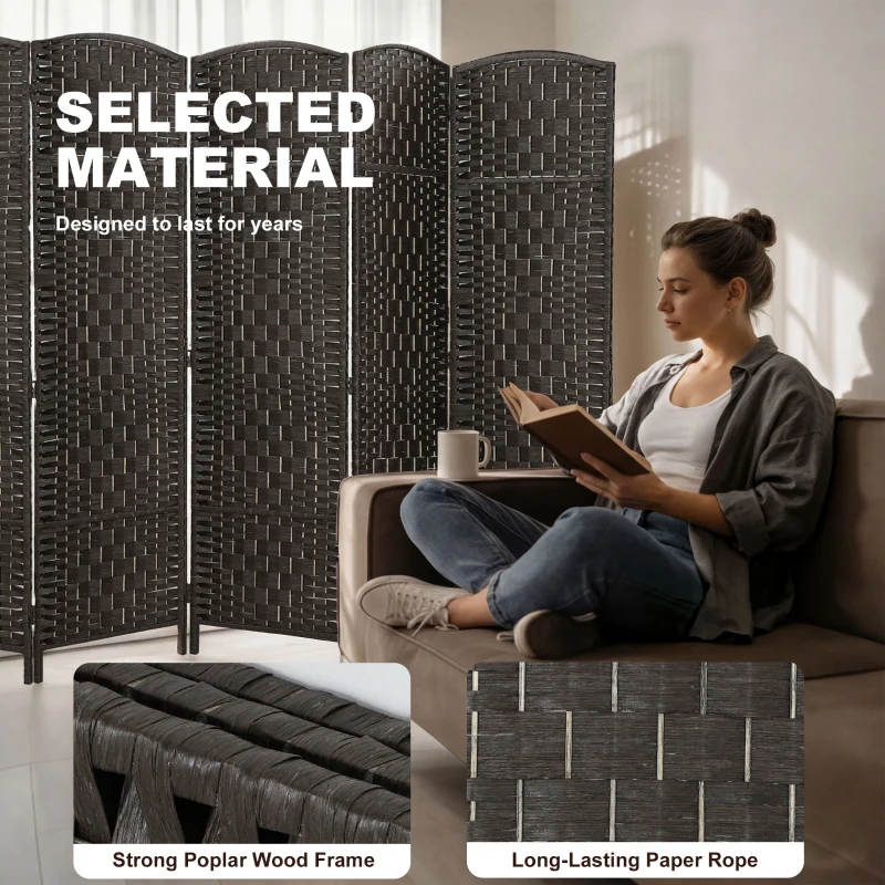 HOMCOM Room Divider, 6 Panel Folding Privacy Screen, 6FT Tall Portable Weave Partition Wall Divider for Bedroom, Coffee