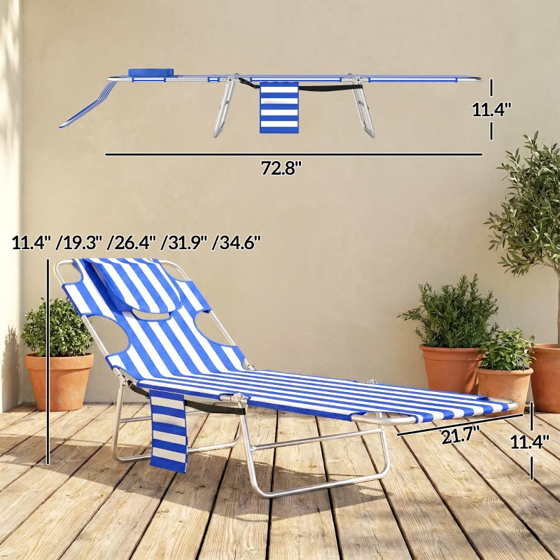 Outsunny Tanning Chair with Face Hole, 5-Level Adjustable Outdoor Chaise Lounge Chair with Pillow for Beach, Pool, Blue Stripes