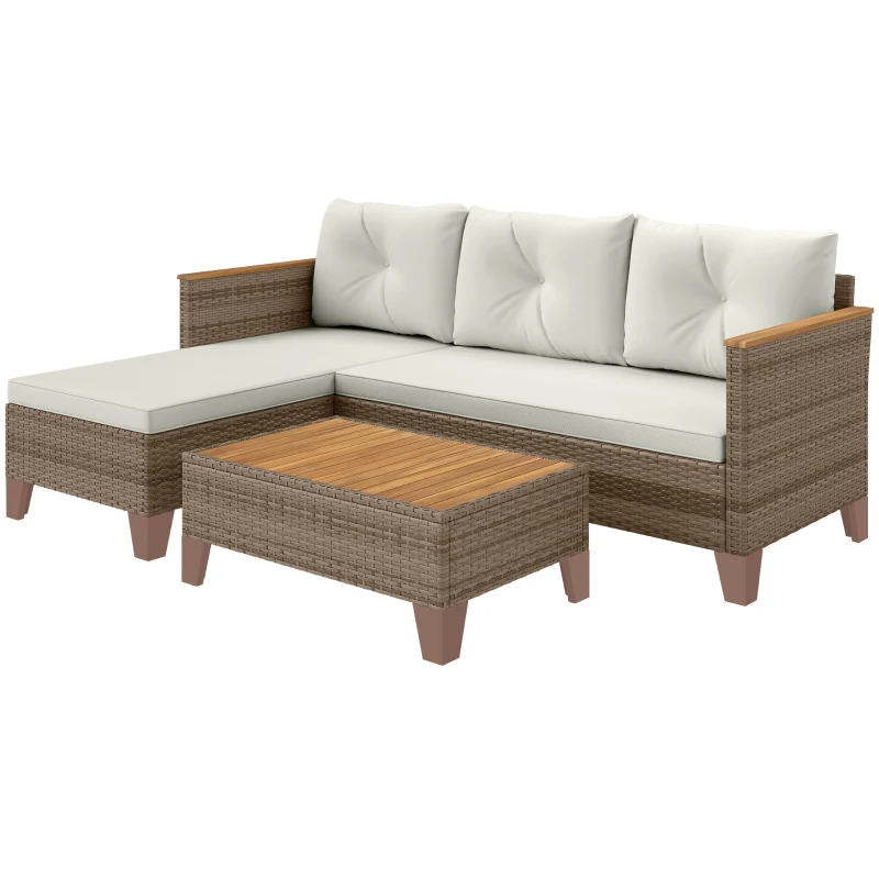 Outsunny 3 Piece Patio Furniture Set, L-Shaped Outdoor Furniture Conversation Set with Wood Top Coffee Table, Cream