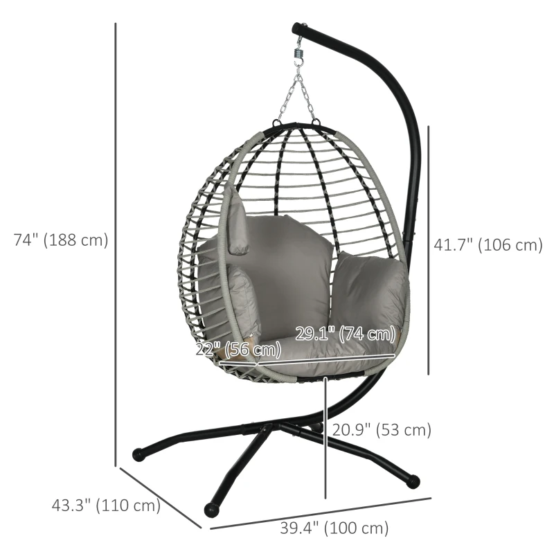 Outsunny Outdoor Hanging Egg Chair with Thick Padded Cushion, Patio Swing Chair, Grey
