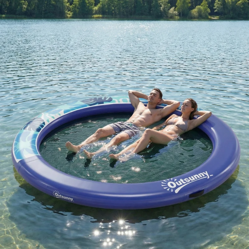 Outsunny 8FT Inflatable Water Hammock Floating Ring, Inflatable Floating Dock Platform for for Lakes, Pools, Oceans, Blue