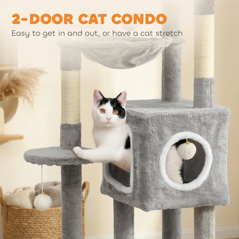 PawHut 65 Inch Cat Tree with 2 Doors Condos, Plush Top Perch, Hammock, Sisal Scratching Posts, 4 Pompoms, Ramp, Grey