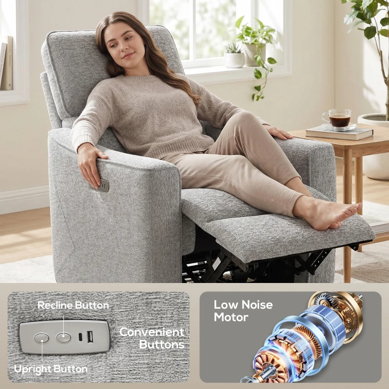 HOMCOM Power Recliner Chair, Linen-look Fabric Upholstered Recliner Chair with USB Ports, Footrest, Grey