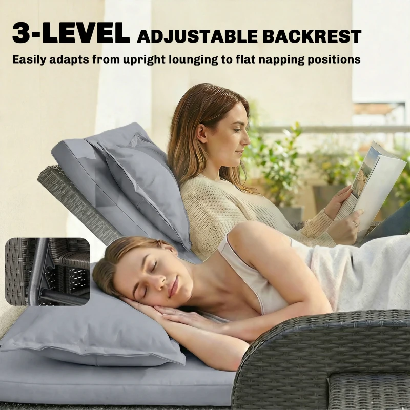 Outsunny Patio Rattan Daybed, Wicker Outdoor Daybed with Storage Ottoman, Loveseat w/ Adjustable Backrest, Side Tables, Gray