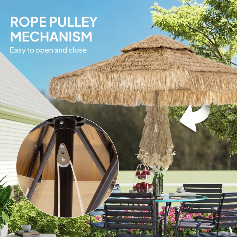 Outsunny 8.5 FT Hula Thatched Tiki Patio Umbrella, 2-Tier Tropical Hawaiian Style Outdoor Umbrella with 8 Ribs, UPF30+, Khaki
