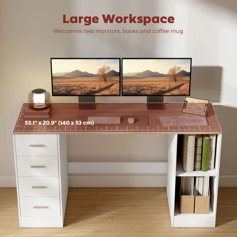 HOMCOM Office Desk, 55" Computer Desk with 4 Reversible Drawers, Mobile PC Stand, Adjustable Shelf, White Wood Grain