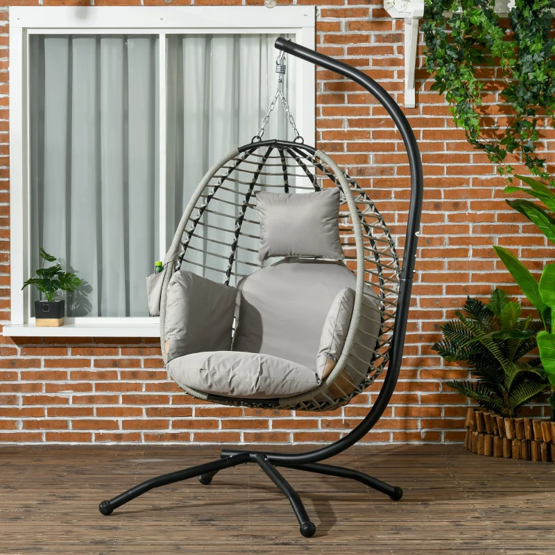 Outsunny Outdoor Hanging Egg Chair with Thick Padded Cushion, Patio Swing Chair, Grey