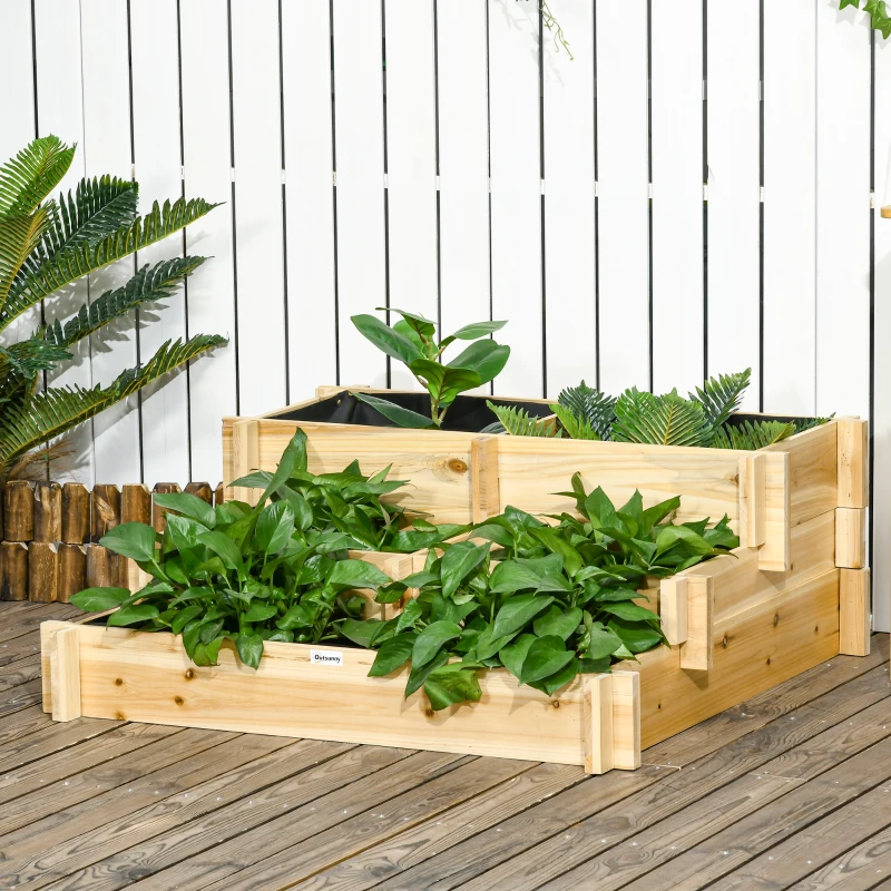 Outsunny 3 Tier Raised Garden Bed, Water Draining Fabric for Soil, Elevated Wood Flower Box for Vegetables, Herbs, Natural