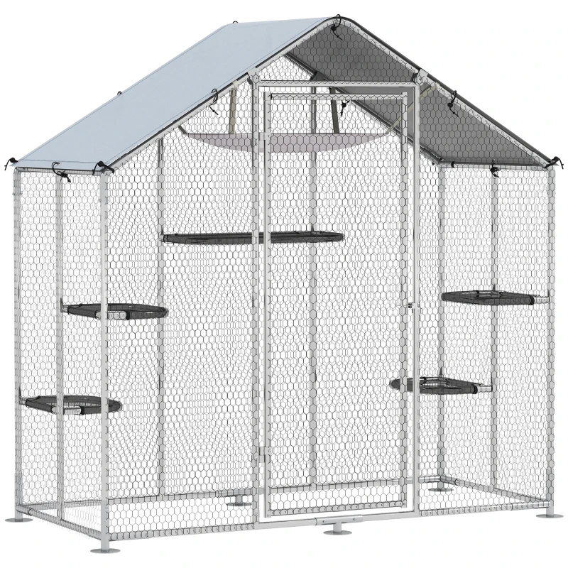 PawHut Large Catio Outdoor Cat Enclosure with Waterproof Cover, Walk-in Cat Patio w/ 5 Adjustable Platforms & Hammock 79" W