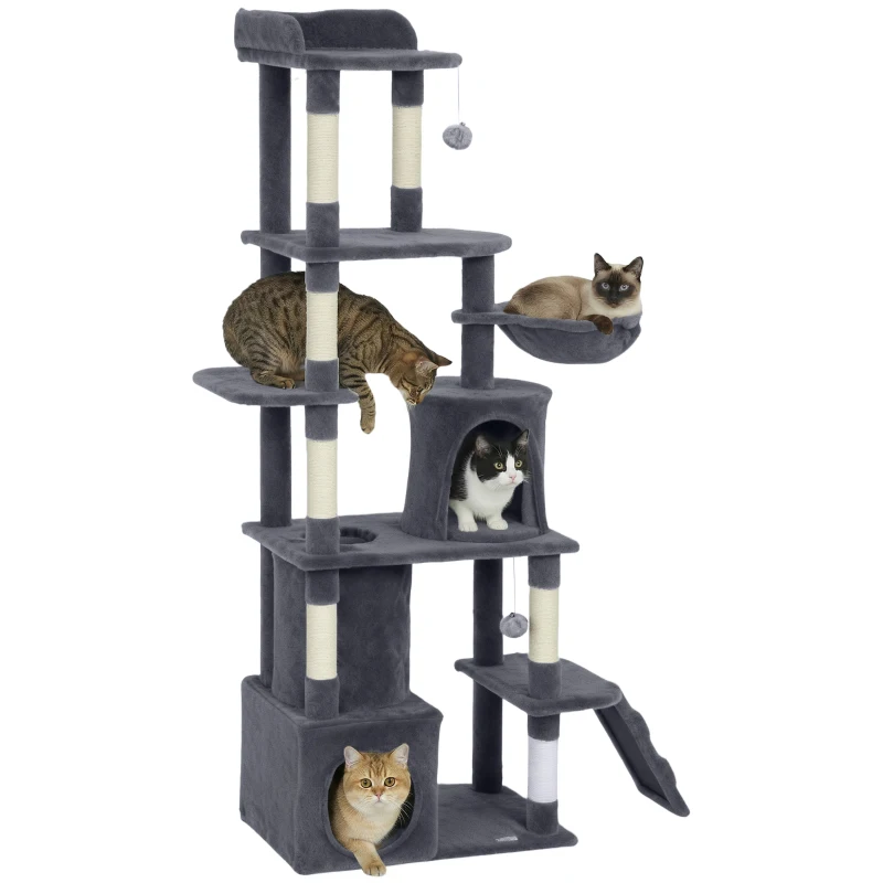 PawHut 67" Large Cat Tree with 7 Scratching Posts, Tunnel, 2 Condos, Hammock, Perch, Ramp, Pompoms, Dark Grey