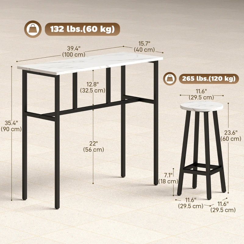 HOMCOM Bar Table Set of 6, Bar Table and Stools for 4, 2 Breakfast Tables and 4 Stools for Living Room, White Marble