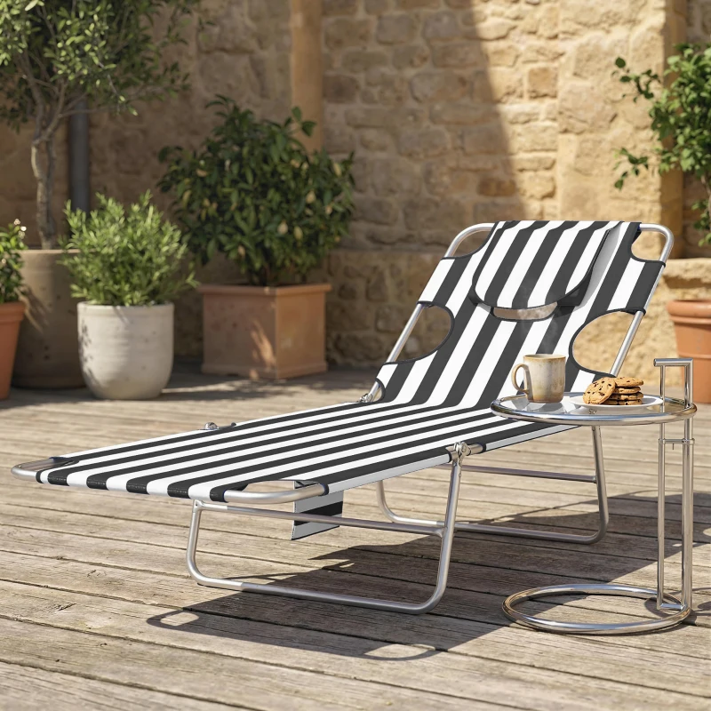 Outsunny Tanning Chair with Face Hole, 5-Level Adjustable Outdoor Chaise Lounge Chair with Pillow for Beach, Pool, Black Stripe
