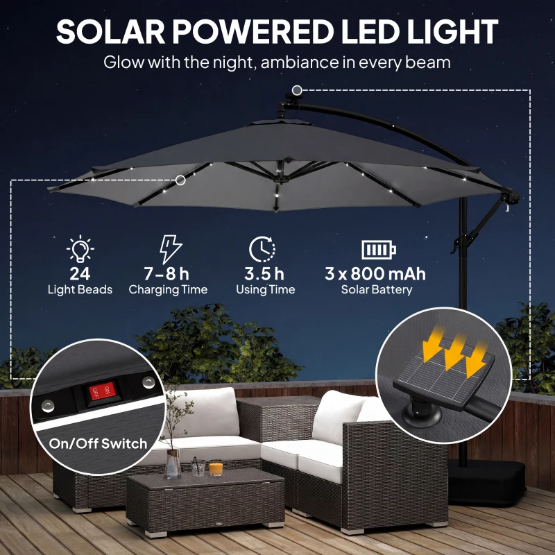 Outsunny 10 ft Cantilever Patio Umbrella with Light, Weight, Offset Hanging Outdoor Umbrella with Protective Cover, Dark Gray