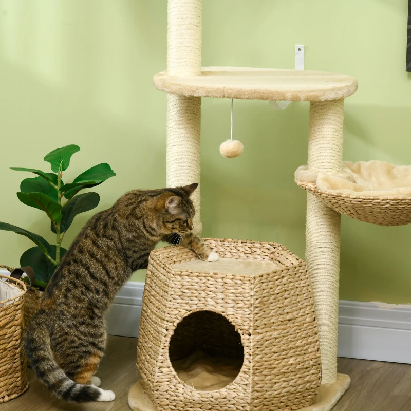 PawHut Cat Tree, 47" Cat Tower for Indoor Cats with Cattail Fluff Cat Condo, Cat Beds, Jumping Platform, Scratching Posts, Hanging Toy Ball, Natural